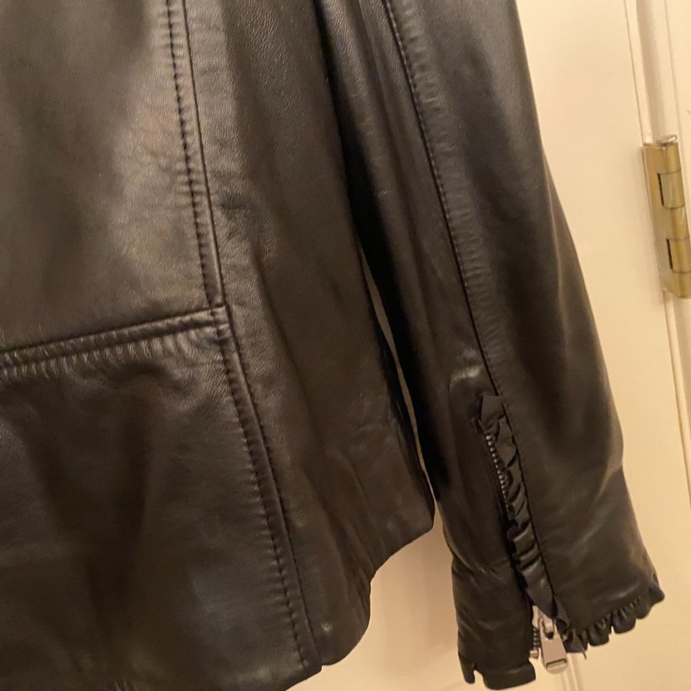 Cinq A Sept Eloise Moto Biker Leather Jacket Ruffled Trim SZ S - Picture 7 of 10